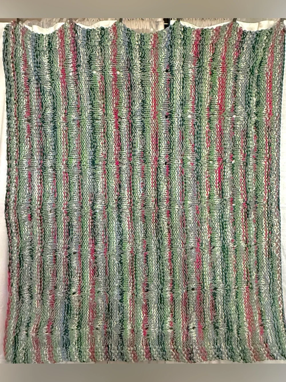 Multi-color striped handmade Crochet vintage blanket green pink blue cream hues